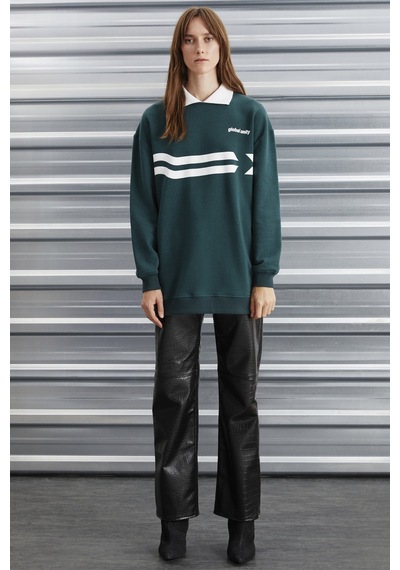 ETHIQUET AR ENE Kadın Içi Polarsız Polo Yaka Parça Baskı Detaylı Yeşil Sweatshirt