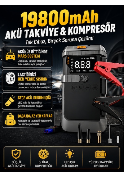 19800 Mah Akü Takviye Ve Dijital Hava Kompresörü 4 Ü 1 Arada Araç Acil Yardım Cihazı