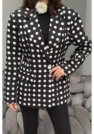 Cemo Kadın Puantiyeli Tek Düğmeli Blazer Ceket Siyah