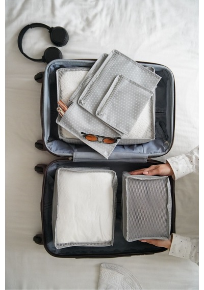 Serstil 6'lı Valiz Düzenleyici Bavul Içi Organizer Set Seyahat Hurcu Gri Puantiyeli