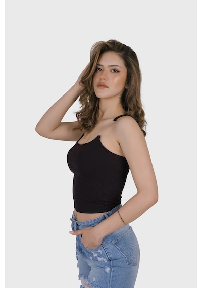 Simala Kadın Şeffaf Askılı Siyah Kaşkorse Yazlık Şık Body Crop Siyah