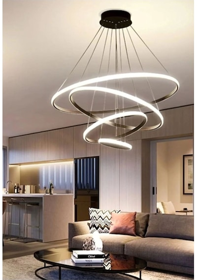 4'lü Halka Siyah Kasa Beyaz Led Avize Salon,oturma Odası