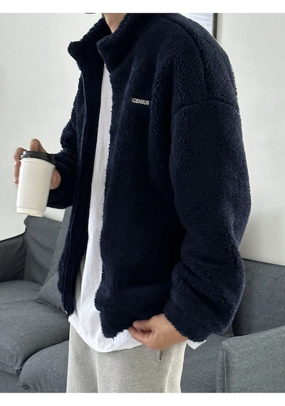 Genius Store Oversize Tam Fermuarlı Kuzu Sweatshirt İçi Polarlı Sherpa Kumaş Sweatshirt Lacivert