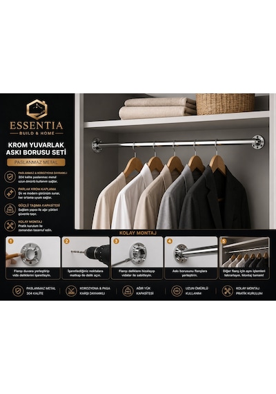 Krom Yuvarlak Askı Borusu Flanşlı Set 65 Cm Paslanmaz Metal Gardırop Ve Dolap İçi Askılık Sistemi Çoklu Renk