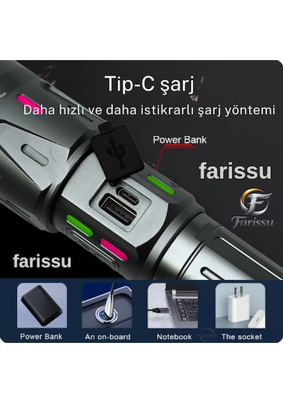 Ultra Güçlü Beyaz Lazer Led El Feneri - 2 Km Menzilli & Powerbank Özellikli Çift Pil Setli Gri