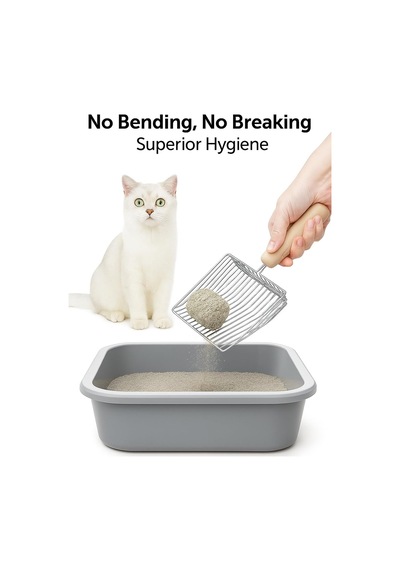 Lexroo Metal Kedi Kumu Küreği Ahşap Saplı Dayanıklı Izgaralı Kedi Tuvaleti Temizleme Küreği