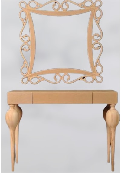 Dresuar Torna TOMBUL Model Ahşap Kayın RETRO HAM ayak  MDF tabla CNC Nakış ayna Çerçeve El Yapım Ahşap