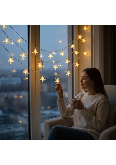10 Metre 60 Ledli Yıldız Işık Zinciri Dekoratif Fişli Sıcak Sarı Led Aydınlatma Ev Oda Balkon Duvar Pencere Yılbaşı Parti Ve Doğum Günü Süslemeleri