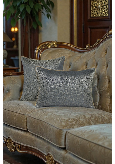 Kırlent Kılıfı Desenli Jakarlı Dokuma Kumaş 2'li 45x45 Ve 35x50 Çift Taraflı Biyeli Füme