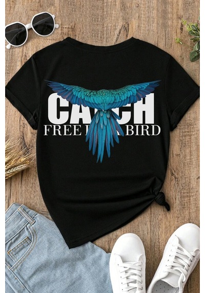Spoyi Free Bird Tasarımlı %100 Pamuk Yarım Oversize Siyah T-lhirt
