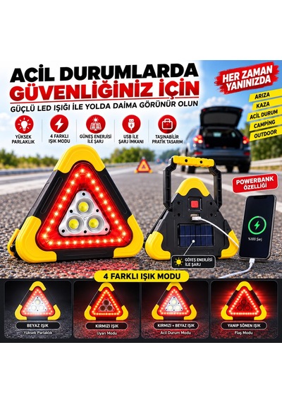 Hb-7709 2.000mah Çok Fonksiyonlu Cob Çalışma Lambası Usb Şarjlı Acil Durum Feneri Reflektör Güneş Enerjili Solar 180 Derece Dönebilen Tutma Kolu Powerbank Olarak Kullabilir Üçgen Park Lambası