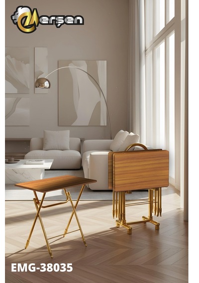 Eranş Serisi 4'lü Katlanır Mdf Mebran Ahşap Çanta Zigon Sehpa Gold Ayak Atlantik Çam Desen Gold Ayak