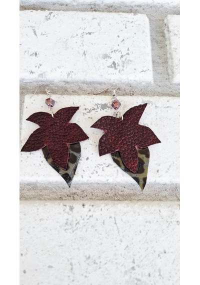 Bordo Ve Leopar El Yapımı Hakiki Deri Tasarım Küpe Leopar Desenli
