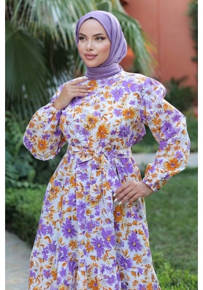Defymoda Kadın Uzun Çiçek Yaprak Desenli Belden Bağlamalı Elbise Lila