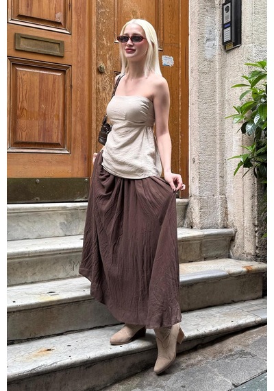 Madmext Taş Rengi %100 Pamuklu Straplez Bluz Mg2354