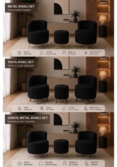 Peluş Puf Metal Gümüş Ayak - Dekoratif Puf Koltuk - Yuvarlak Makyaj Sandalyesi Siyah