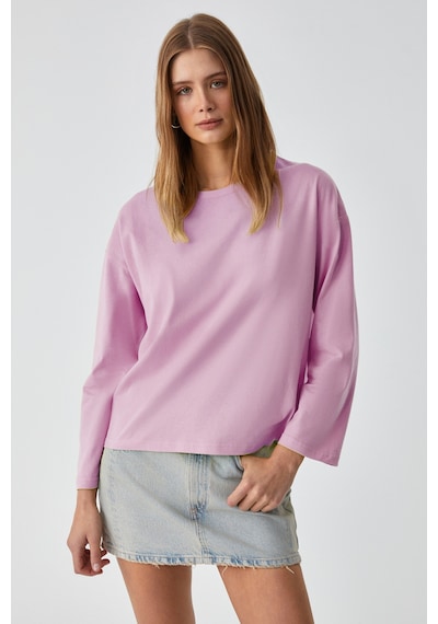 Grımelange Basıl Kadını Oversize %100 Organik Pamuk Örme Uzun Kol Pembe T-shirt Pembe