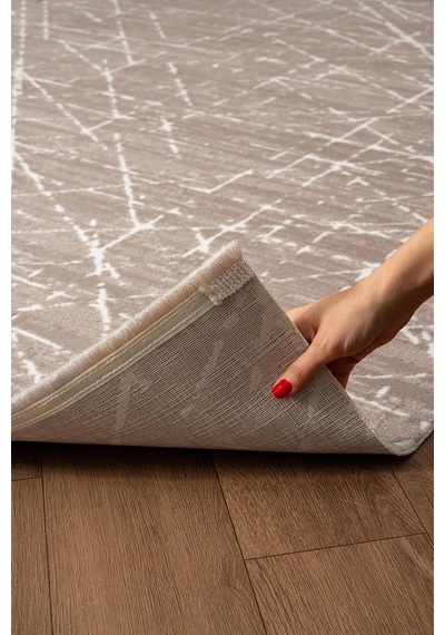 Clay Ct006a Bej Halı Modern Geometrik Desenli Triko Akrilik Pamuk Tabanlı Kaymaz Salon Halısı