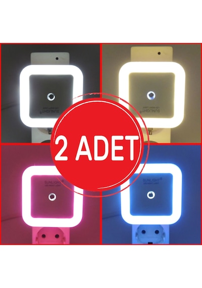 Kare Led Gece Lambası 0,5W Işıklı Fişli Fotosel Sensörlü 2 Adet