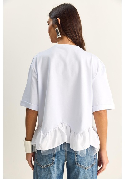 Shade Kadın Tül Detaylı Volanlı Oversize Basic T-shirt 8789 60286165 - Beyaz