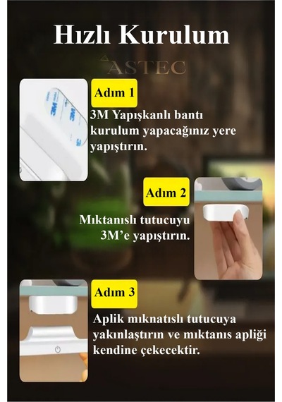 Astec Şarjlı Led Işık Dokunmatik Kablosuz Mıknatıslı 3 Renk Işık Dimli Kaliteli Beyaz