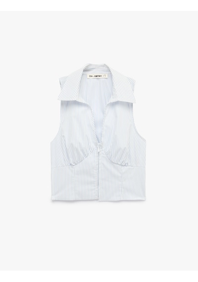 Koton Pamuklu Fermuarlı Kolsuz Klasik Yaka Çizgili Crop Bluz Mavi Çizgili 6sal30036ıw