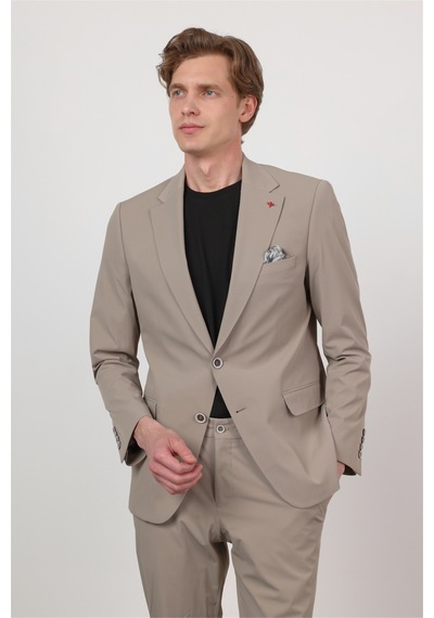 İmza Koyu Bej Kendinden Desenli Mono Yaka 6 Drop Slim Fit Takım Elbise 1001260162