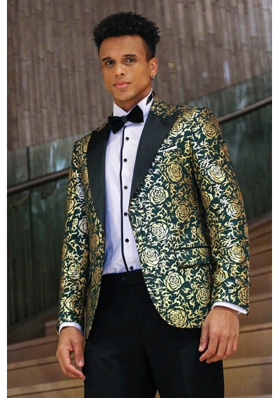 Wessi Gold Gül Desenli Slim Fit Yeşil Erkek Smokin Ceket Yeşil