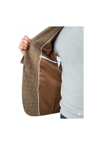 Plus Scorpion Ekoseli Slim Fit Erkek Blazer Ceket Şık Modern Tasarım, Tek Düğmeli Camel