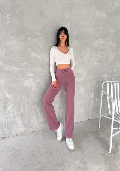 Winmoda34 Kadın Bol Paça Fitilli Pantolon Wide Leg Eşofman Altı Pembe