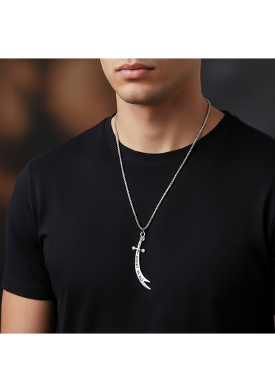 Koruyucu Zülfikar Kılıcı Gümüş Kaplama Örme Zincir Kolye Silver