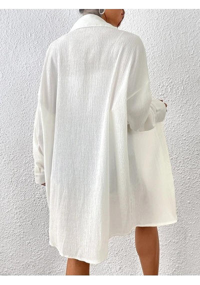 Kadın Oversize Uzun Gömlek - Beyaz Düz Uzun Gömlek Beyaz