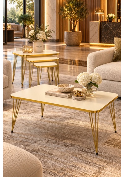 Odera Orta Sehpa Ve Zigon Sehpa 4'lü Set Metal Tel Ayaklı Modern Retro Salon Sehpası Diğer