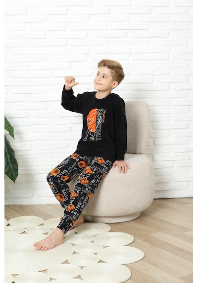 Yeni Stil Sonbahar/kış Erkek Çocuk Basketball Desenli Polar Pijama Takımı 4562 Siyah