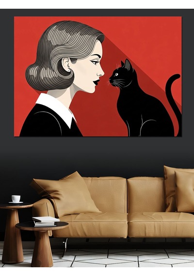 Ahşap Tablo Kara Kedi Ve Kadın Profili