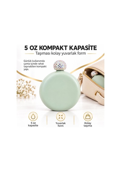 Lüks Taş İşlemeli Renkli Paslanmaz Çelik İçki Matarası 5 Oz 150 Ml. Cep Çanta Kamp Outdoor Hediyelik Yeşil