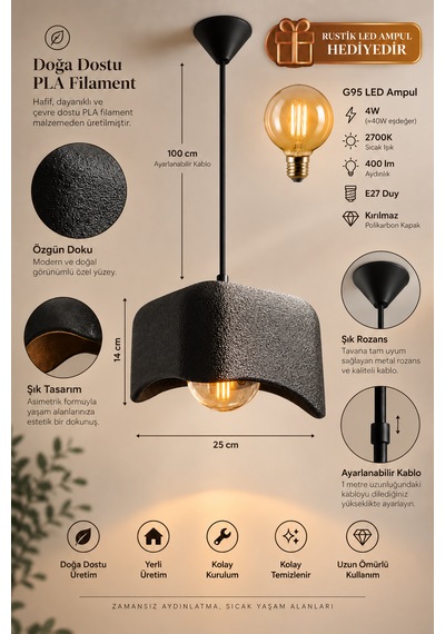 Beton Görünümlü Tekli Kare Sarkıt Avize Modern Bohem Salon Mutfak G95 Rustik Led Ampul Hediyeli Siyah