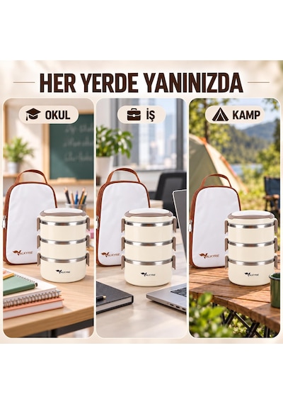 Valkyrie 3 Katlı 304 Paslanmaz Çelik Yemek Termosu Isı Yalıtımlı Sızdırmaz Sefer Tası Termal Çantalı Krem