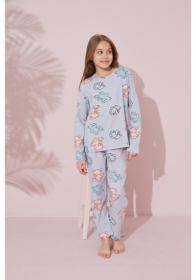 Siyah İnci Pamuklu Örme Pijama Takım 24241076 mavi