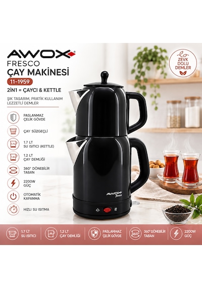 Elektrikli Çay Makinesi 2'si1 Çaycı & Kettle 1.7l/1.2l Çelik 2200w