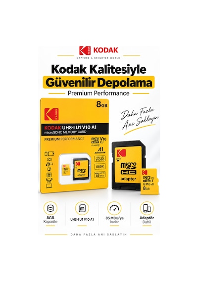8gb Microsdhc Hafıza Kartı Uhs-ı U1 V10 A1 85 Mb/s Full Hd Destekli Sd Adaptörlü