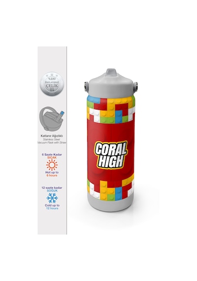 Coral High Renkli Blok Desenli Katlanır Ağızlıklı Çelik Termos 650 Ml 38392 Kırmızı