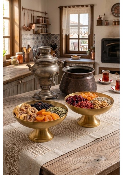 Lüks Ayaklı / Metal Çerezlik Sunumluk İkili Set - Dekoratif Kuruyemiş Ve İkramlık Kasesi Gold