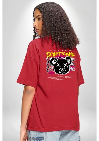 Panik Yok Teddy Kırmızı Oversize Unisex Ön Ve Sırt Baskılı Tişört Kırmızı
