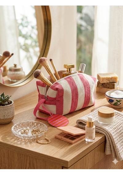 Faralyalife Çizgili Fermuarlı Taşıma Kulplu Makyaj Çantası 20x20 Cm %70 Pamuk %30 Polyester Kozmetik Kadın Makyaj Çantası