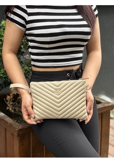 Sanmorris Kadın Suni Deri Kum Mat Ayarlanabilir Çapraz Ve El Askılı Deri Portföy, Clutch Çanta Kum - Bej