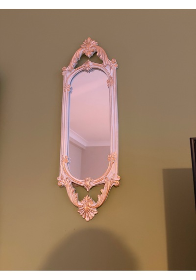 Kısa Oval Dekoratif Duvar Aynası Beyaz & Altın Yaldızlı 60x20 Cm Naturel