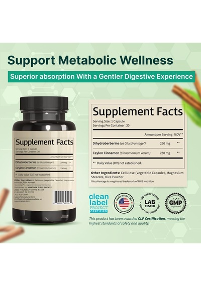 Vınatura Dihydroberberine With Ceylon Cinnamon, 500mg Patented Glucovantage Super Berberine 30 Caps
