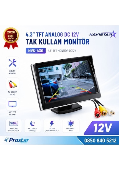 4.3 İnç Tft Analog Araç Monitörü Tak Kullan Rca, Dc 12v Geri Görüş Ekranı