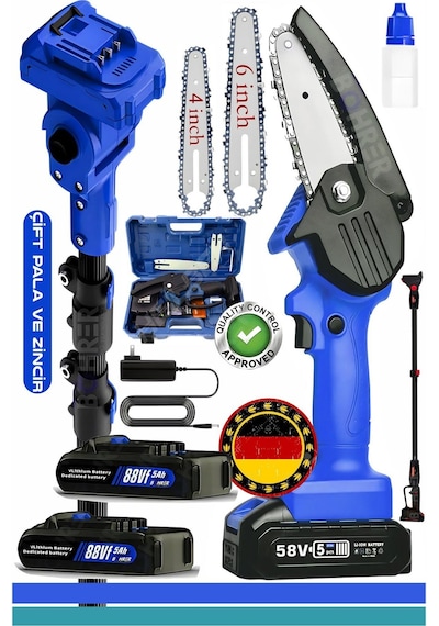 Böhrer Alman V258 5ah 25 MM Teleskop Uzatmalı Kömürsüz Blue Akülü Budama Testeresi 6" Pala Ve Zincir